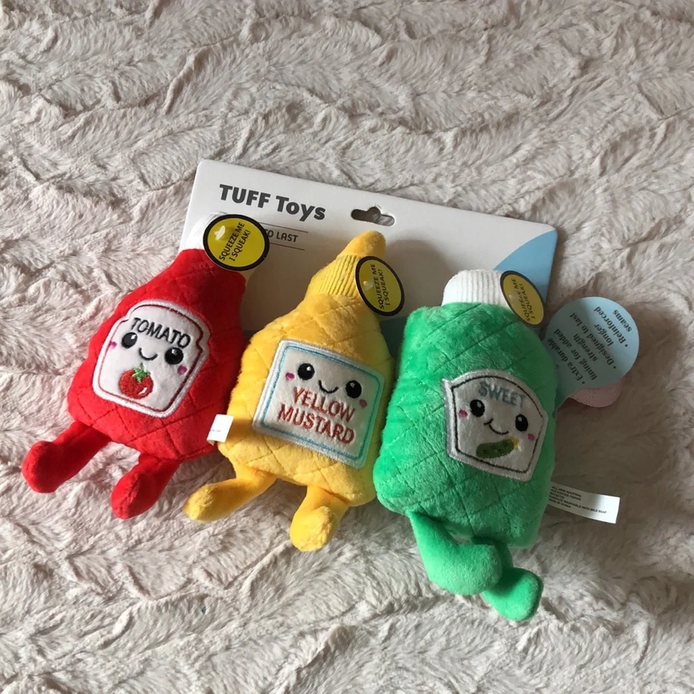 Plush Condiment Trio DOG TOYS - Red Tomato, Yellow Mustard, Green Relish
